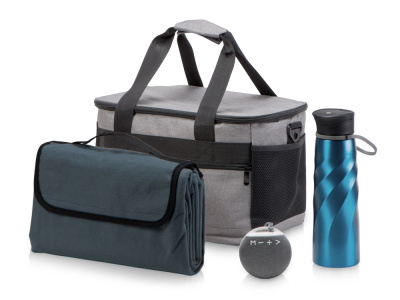 Подарочный набор с пледом и колонкой в сумке - холодильнике " Musical trek", синий