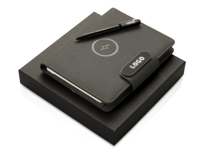 Подарочный набор металлическая ручка и блокнот А5 "Twilight"  со светящимся логотипом и пауэрбэнком